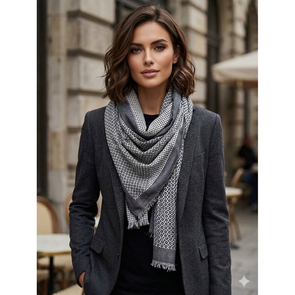 Eileen Fisher Navy White Geometric Print Cotton Tencel Scarf Eyelash Fringe OS